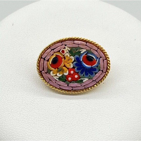 Vintage Italian Micro Mosaic Oval Floral Brooch – Pink Border, Gold-Tone Frame - Picture 1 of 4